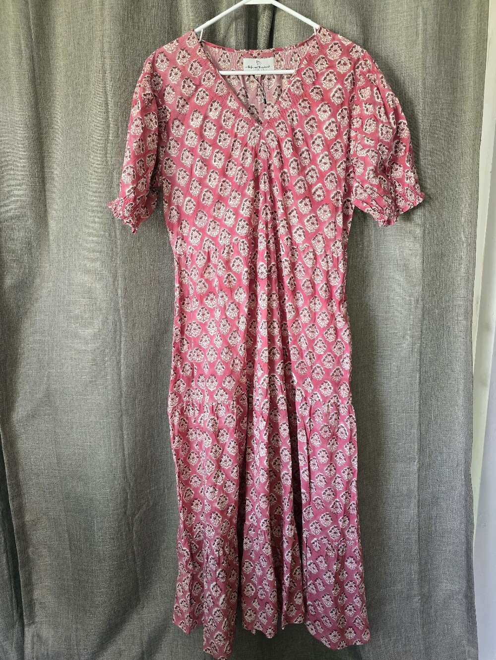 The Fox & The Mermaid Pink Floral Tiered Maxi Dress Short Puff Sleeves Pockets